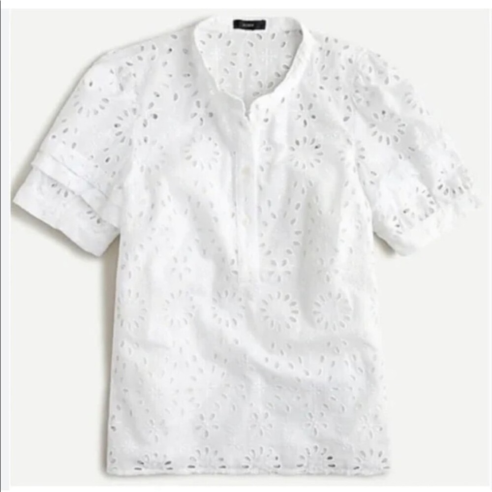 J. Crew White Eyelet Puff Sleeve Popover Top Blouse Size M
